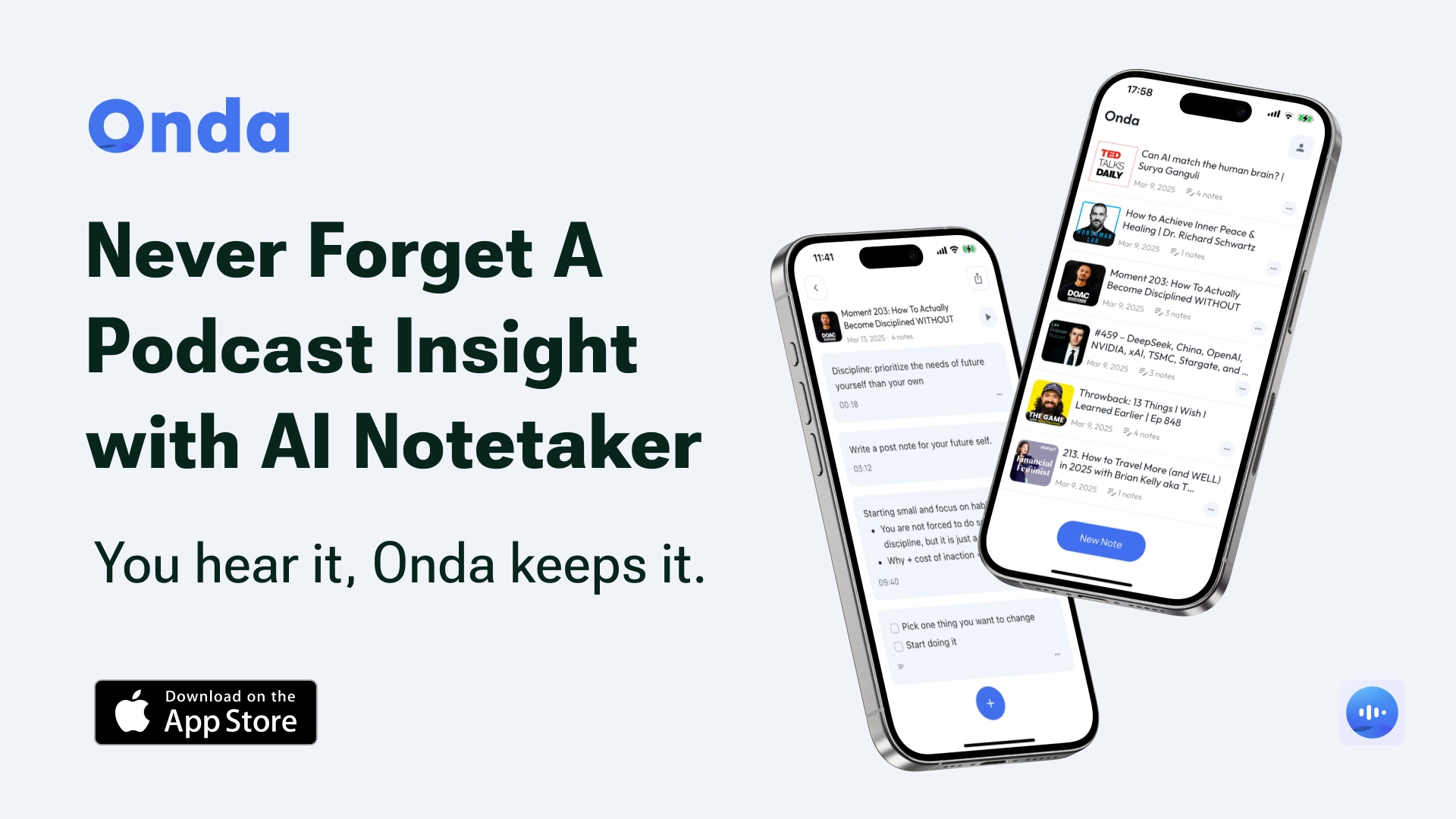 AI-powered podcast notes app interface showing automatic transcription, smart highlights, and searchable podcast notes with timestamp organization